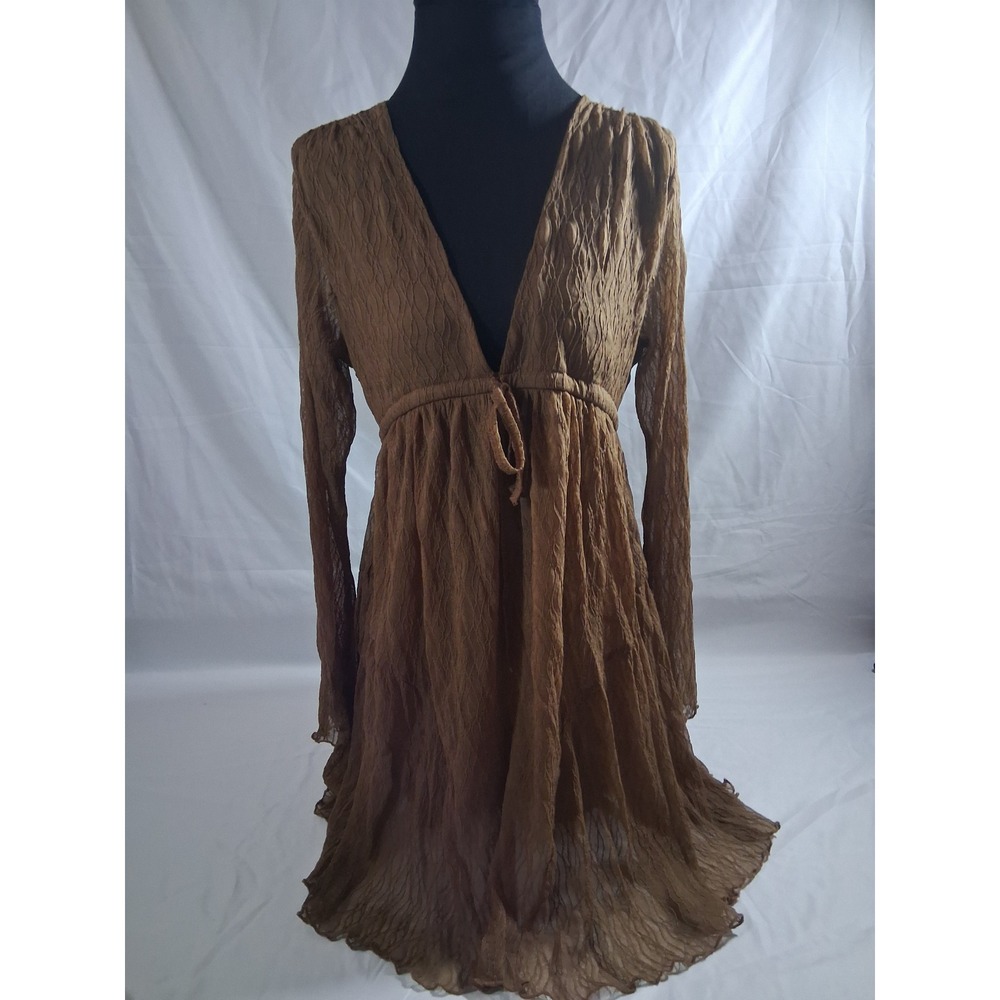 Fashion Brown Crinkle Textured V-Neck Long Sleeve Mini Dress Small NWT